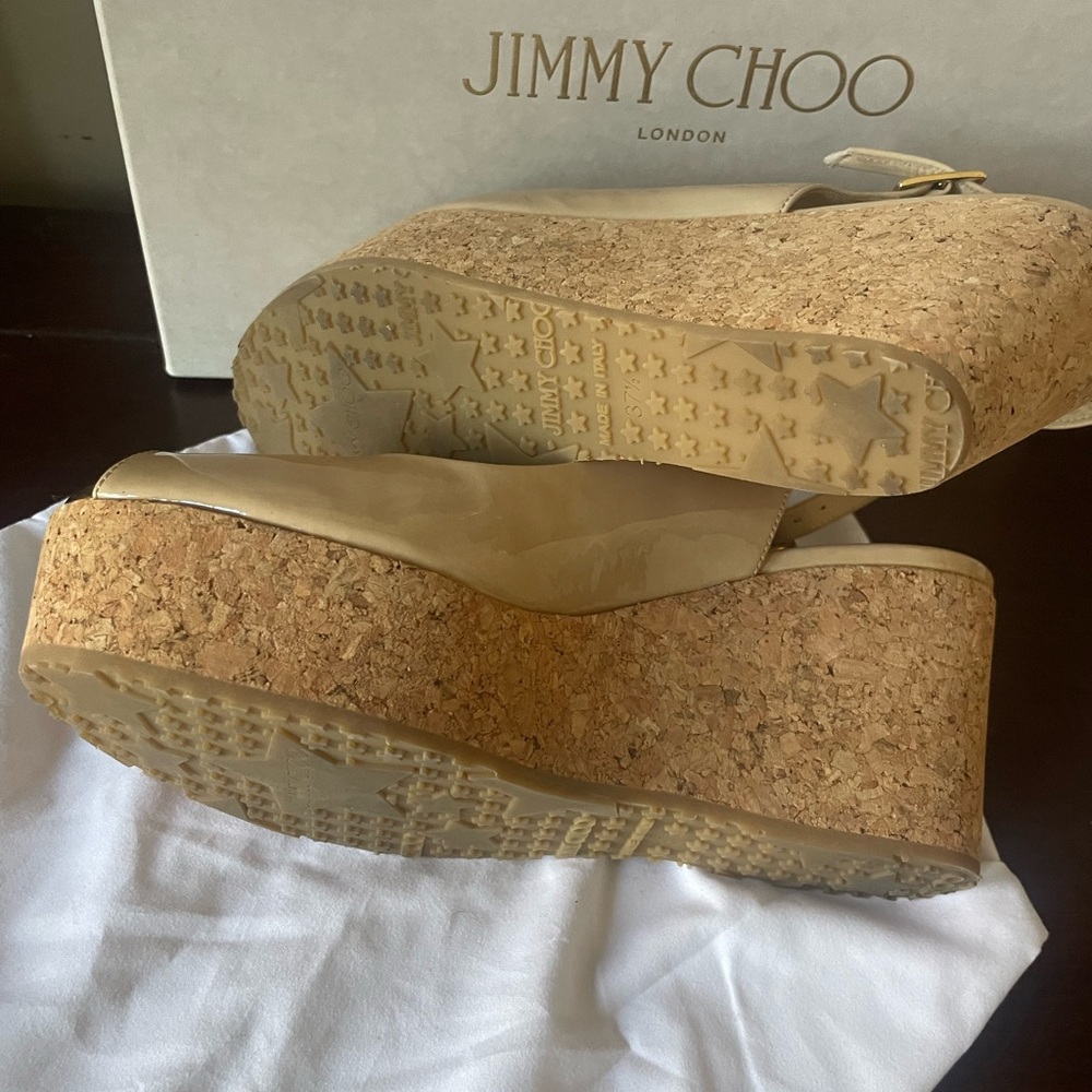 Jimmy Choo Praise Nude Patent Cork Wedge Heel Slingback Pumps Sz 7.5 box… - Picture 7 of 8